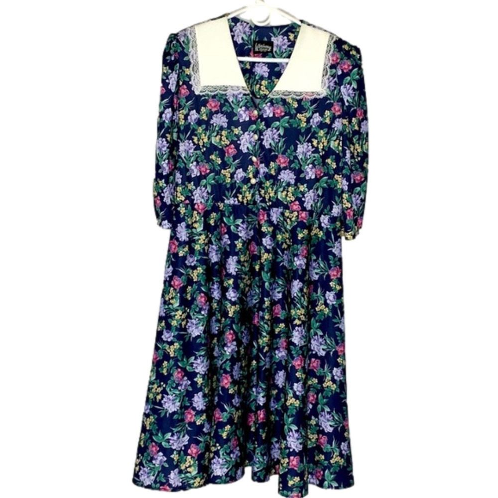 WHIRLAWAY Frocks Vintage Dress, Size L/XLP, Floral Design Navy Background.